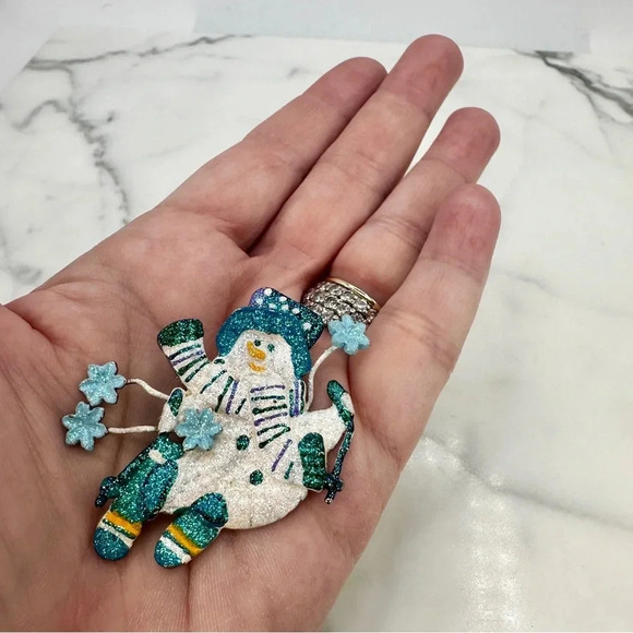 Vintage Snowman Brooch Pin Christmas Frosty Glitter Blue White Winter Ho… - Picture 3 of 9